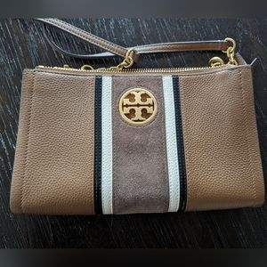 Tory Burch Carson Striped Black Brown Leather Suede Crossbody Purse chain zip